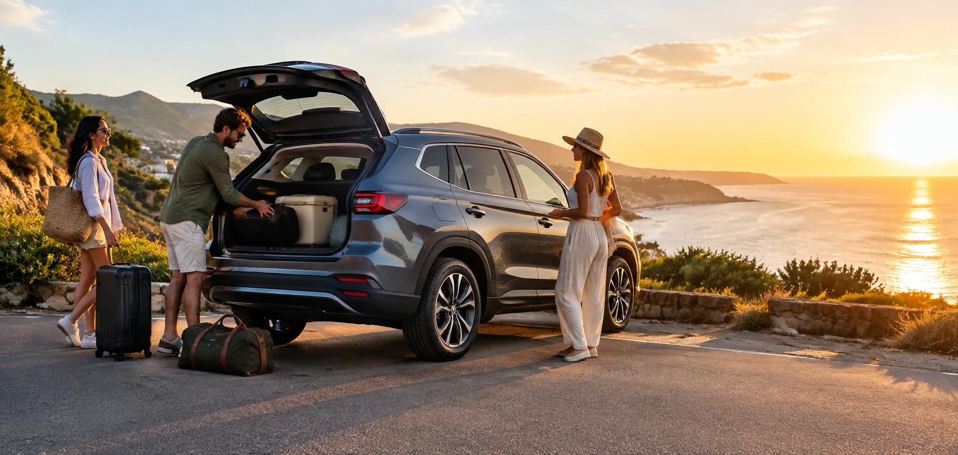 Friends loading a rental SUV on a coastal road